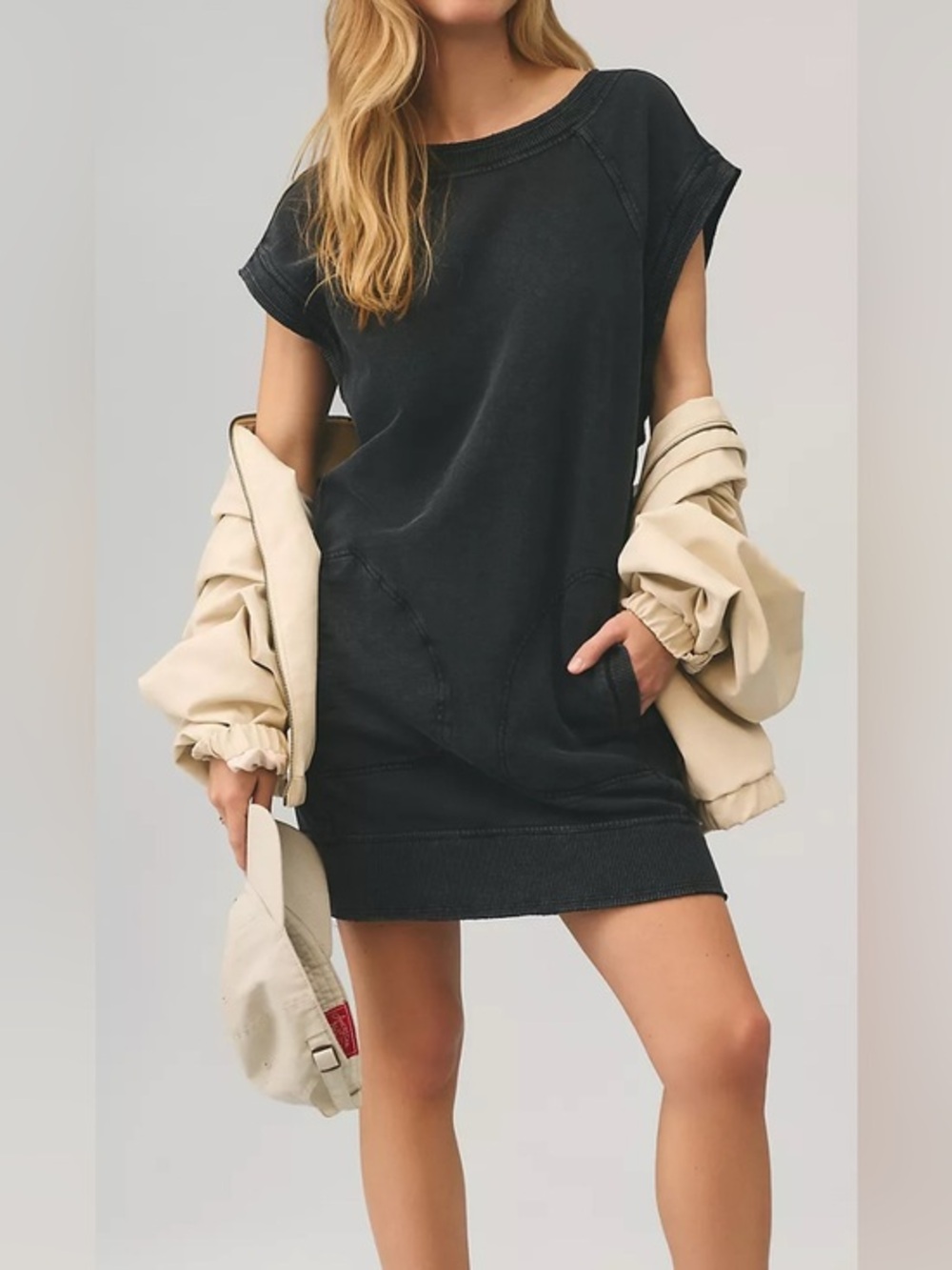 daily PRACTICE Anthropologie Lounge Boatneck Mini Dress XS Open Back Minimal